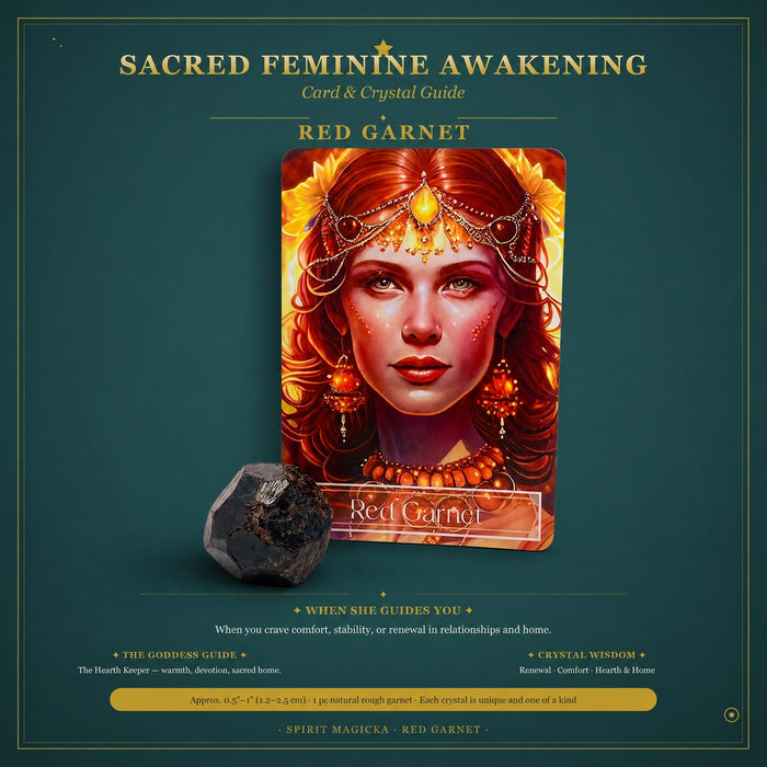 Dark red raw garnet beside its Red Garnet goddess oracle card