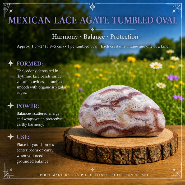 A tumbled Mexican lace agate with swirling white and plum bands