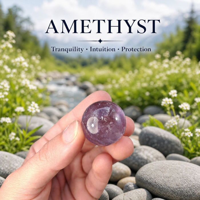 A small violet amethyst sphere held in the fingertips