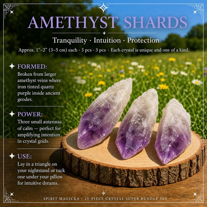 Three raw amethyst shards shading from white to purple