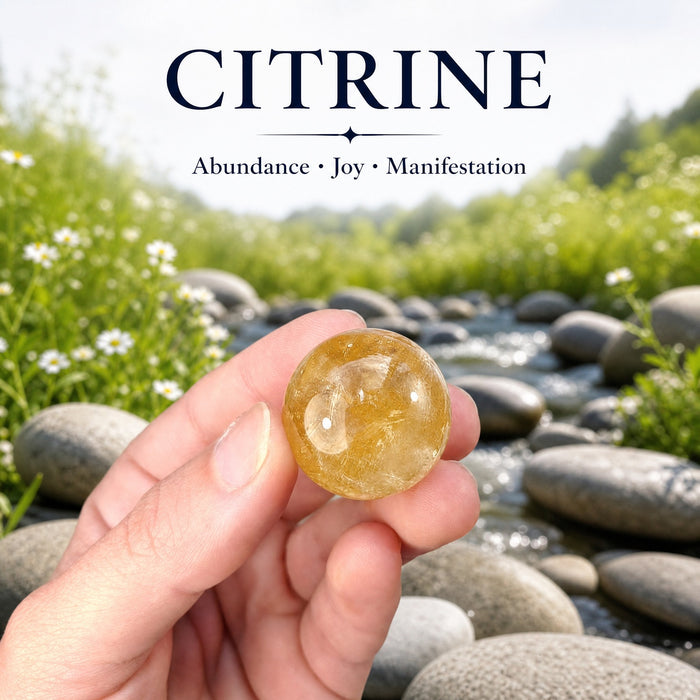A small honey-gold citrine sphere held in the fingertips