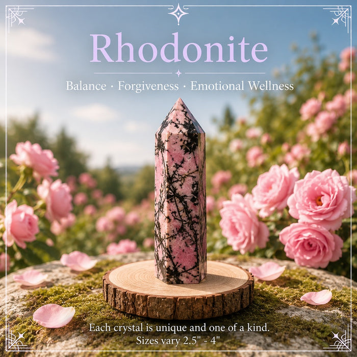 Rhodonite crystal point, pink with black veining
