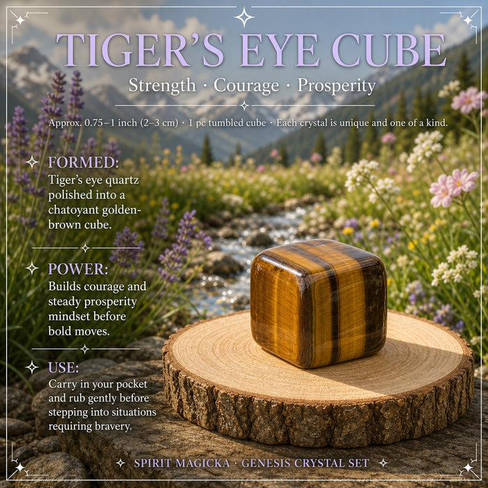 Polished golden-brown banded tiger eye cube on a wood slice