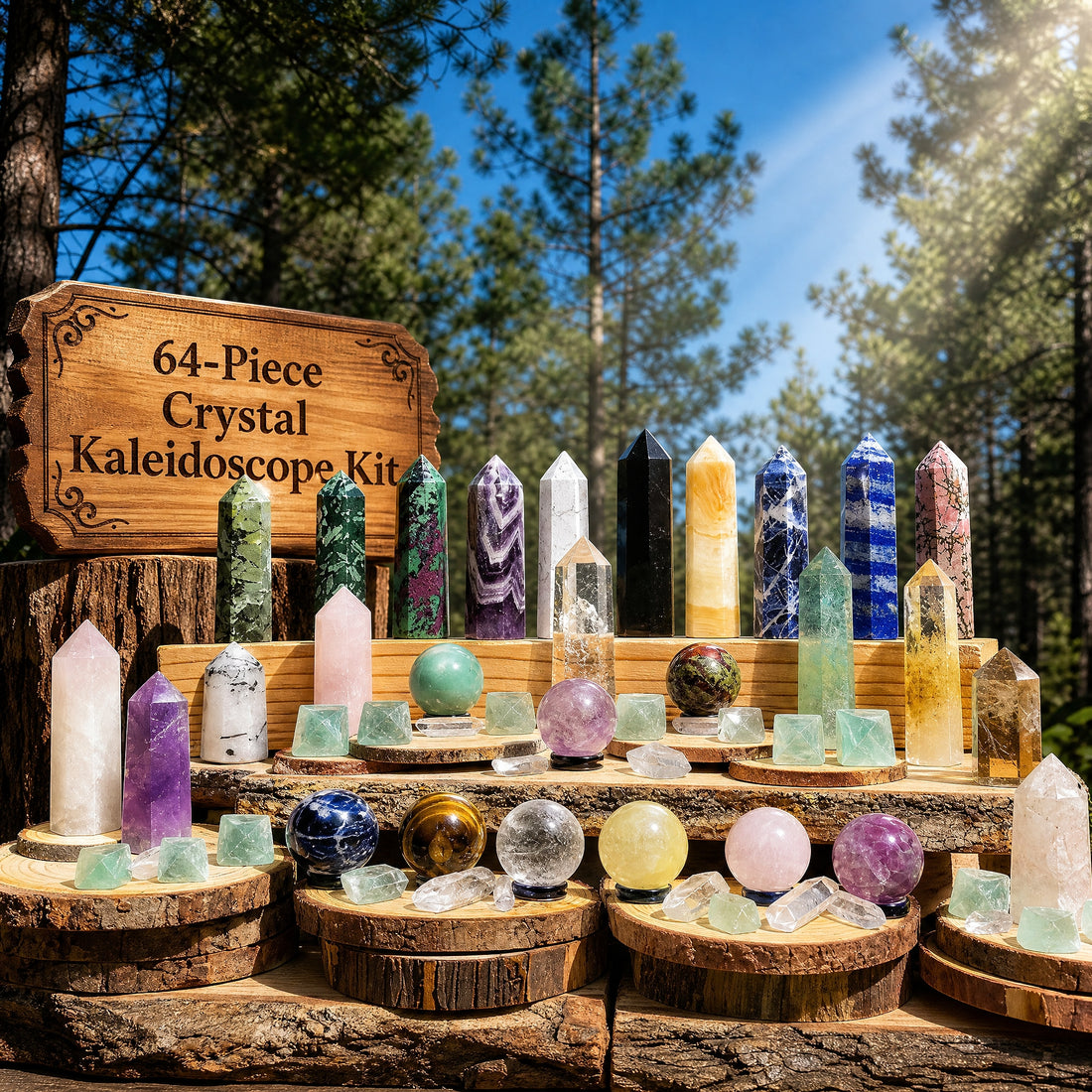 The full kit of crystal points, mini spheres, fluorite octahedrons and quartz shards displayed on wooden rounds in a pine forest