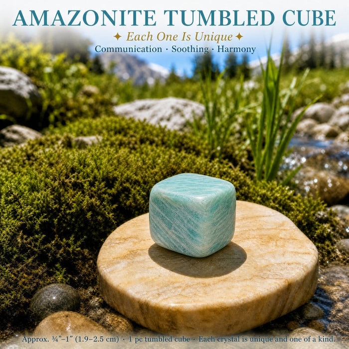 Teal amazonite tumbled cube on a stone slice