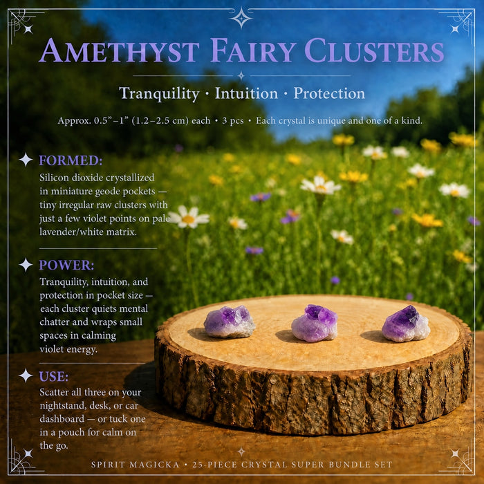 Three tiny amethyst fairy clusters with violet points