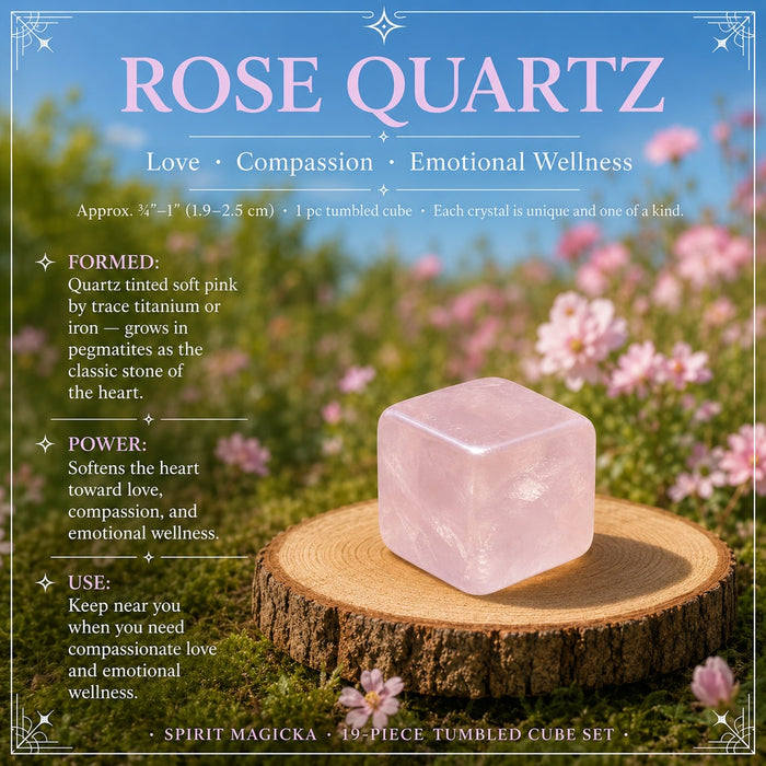 Rose Quartz tumbled cube on a wooden round in a wildflower meadow