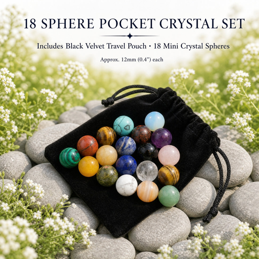 Eighteen polished mini crystal spheres in many colors resting on a black velvet drawstring pouch, on river stones among white flowers