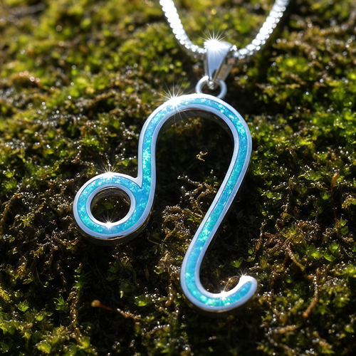 Close-up of the Leo glyph pendant inlaid with blue opal in a sterling silver setting, resting on moss