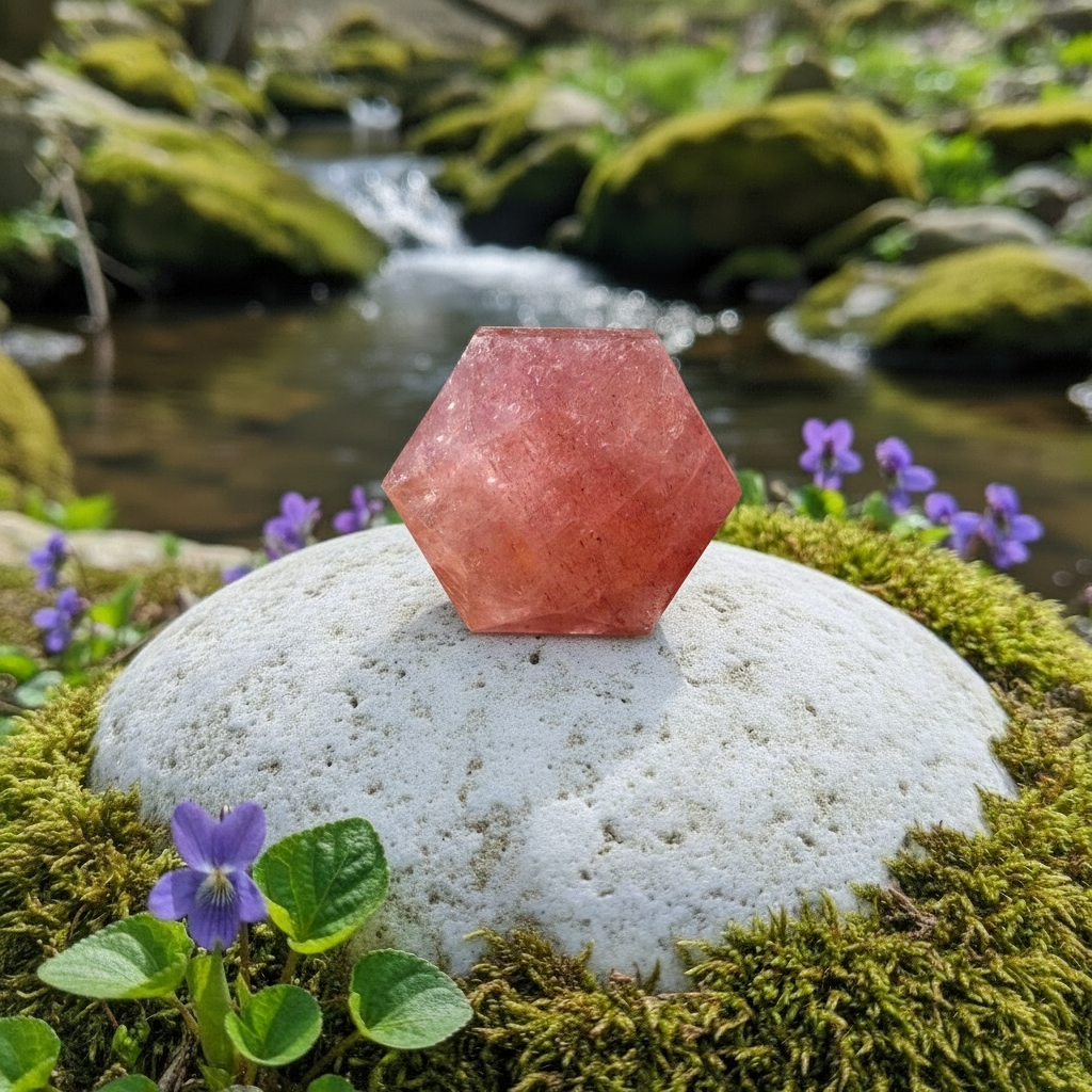 A hexagonal faceted strawberry quartz crystal in soft pink-red on a white stone beside a stream
