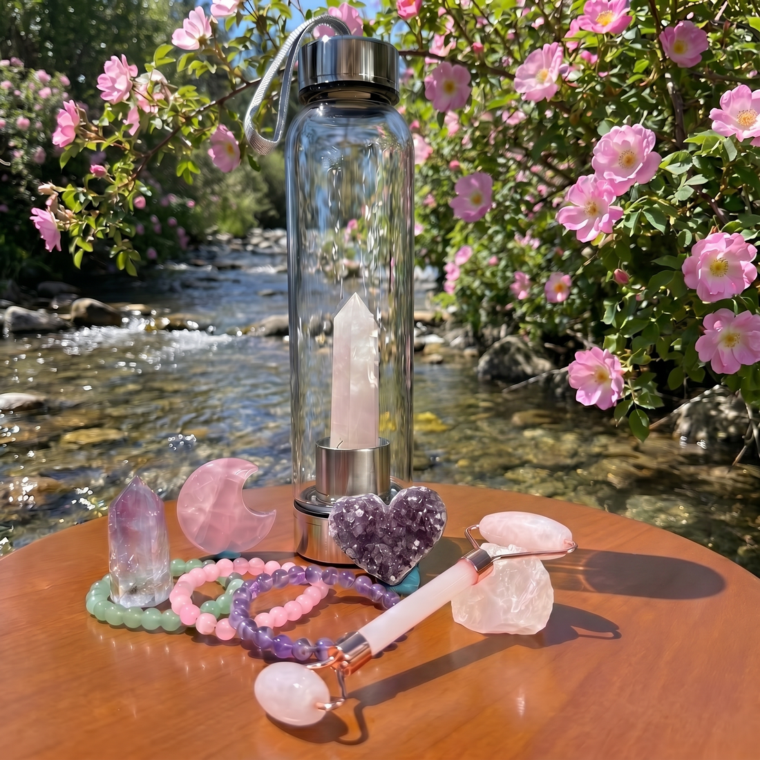 The full self-love set on a wooden table by a stream: rose quartz water bottle, amethyst cluster heart and point, rose quartz crescent moon, facial roller, three mala bracelets and a rose quartz stone