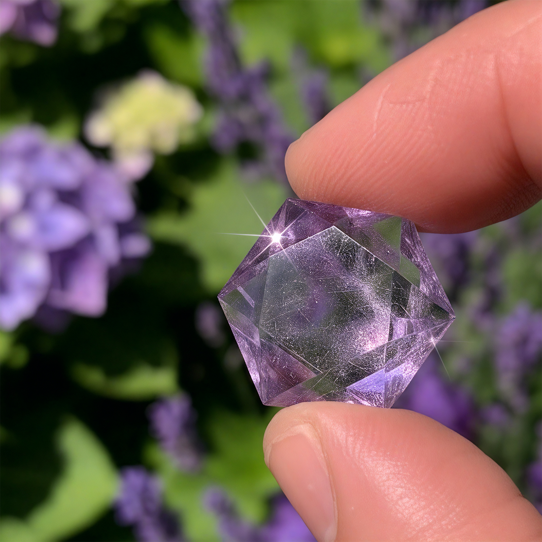 A faceted violet amethyst crystal held between finger and thumb in front of purple flowers, with light flashing off its facets