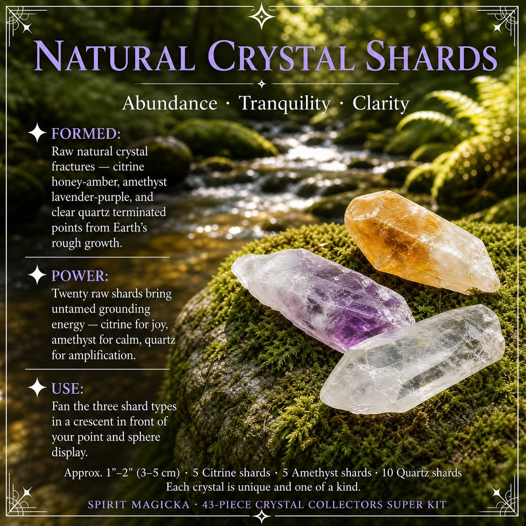 A raw citrine, amethyst and clear quartz shard together on a mossy rock