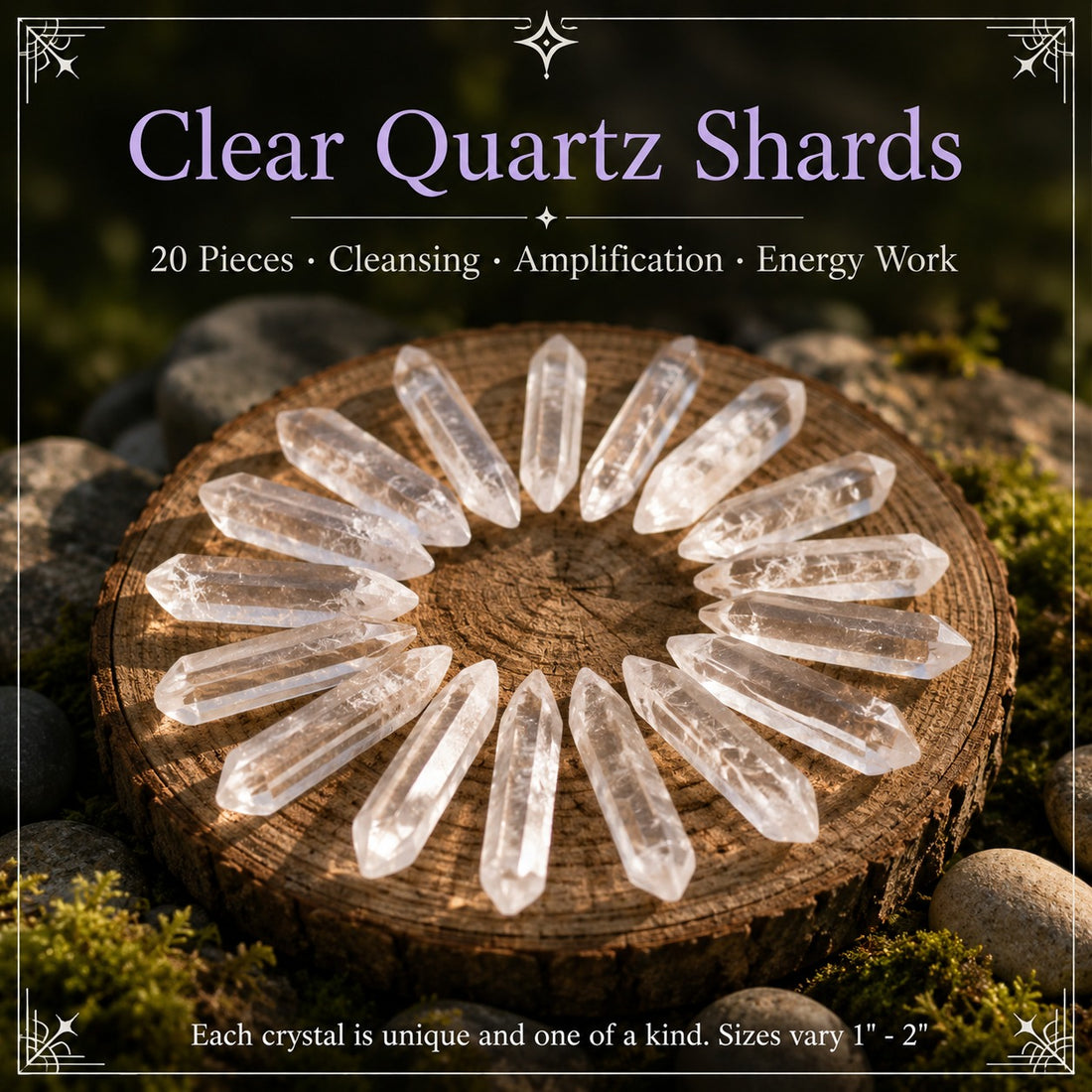 Twenty clear quartz shards arranged in a circle
