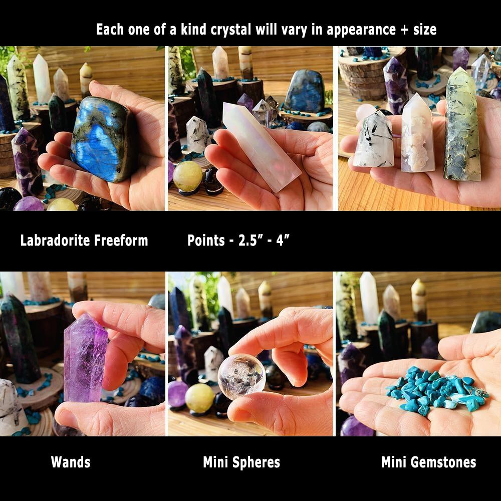 Six photos of pieces held in a hand: the labradorite freeform, points, a wand, a mini sphere and a palmful of howlite chips