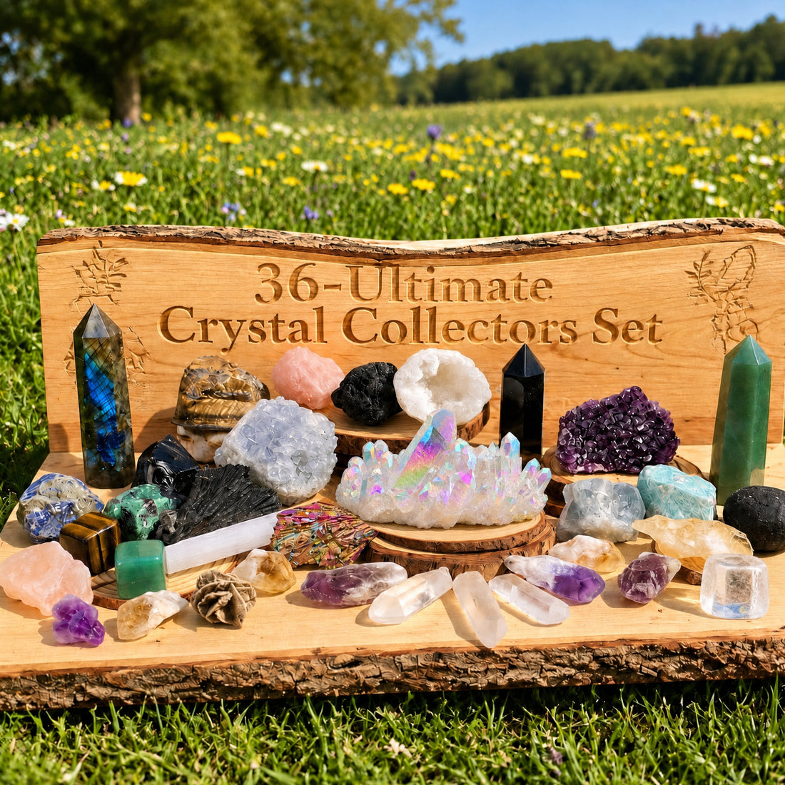 All 36 crystals from the kit arranged together on a carved wooden display in a meadow