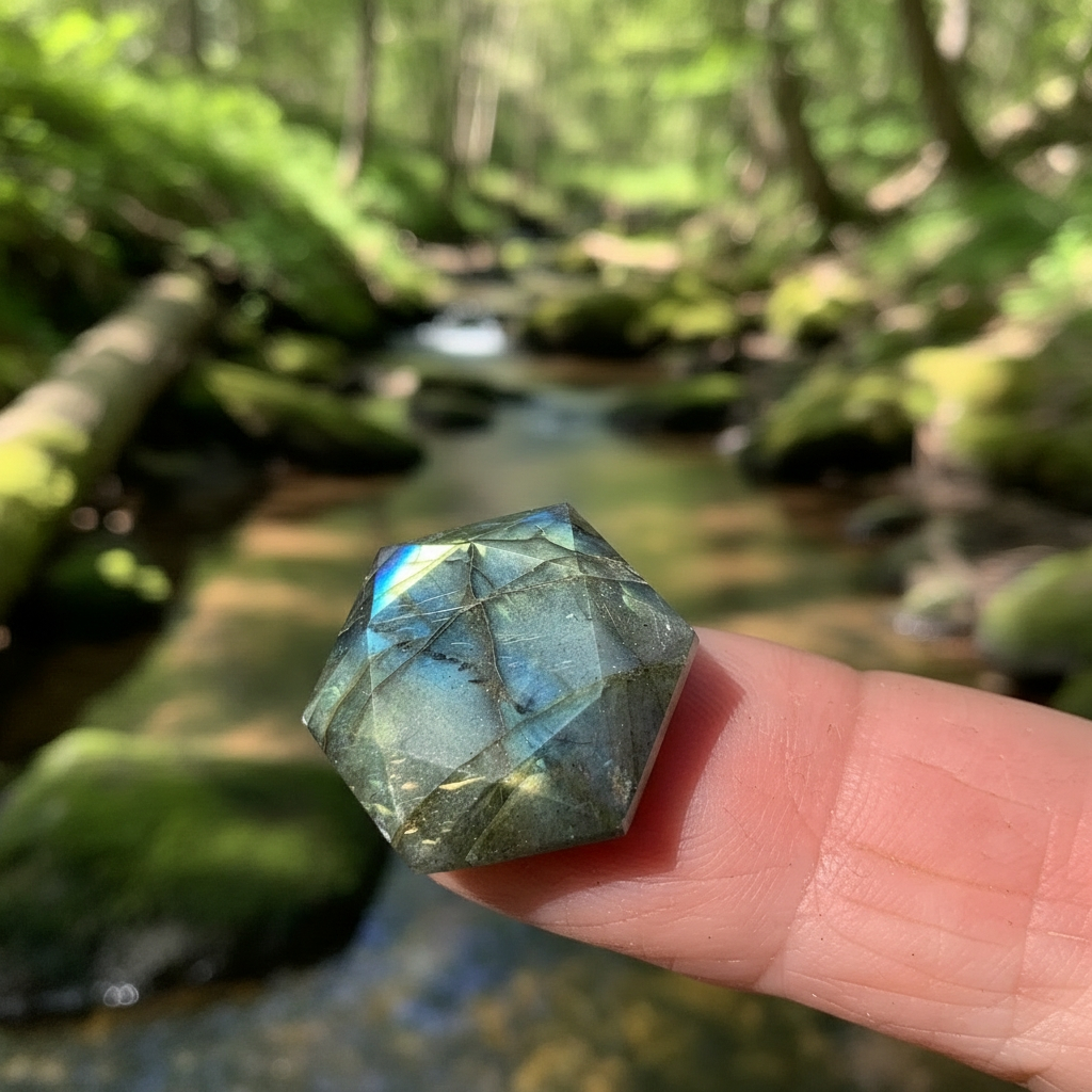 The faceted labradorite balanced on a fingertip beside a forest stream
