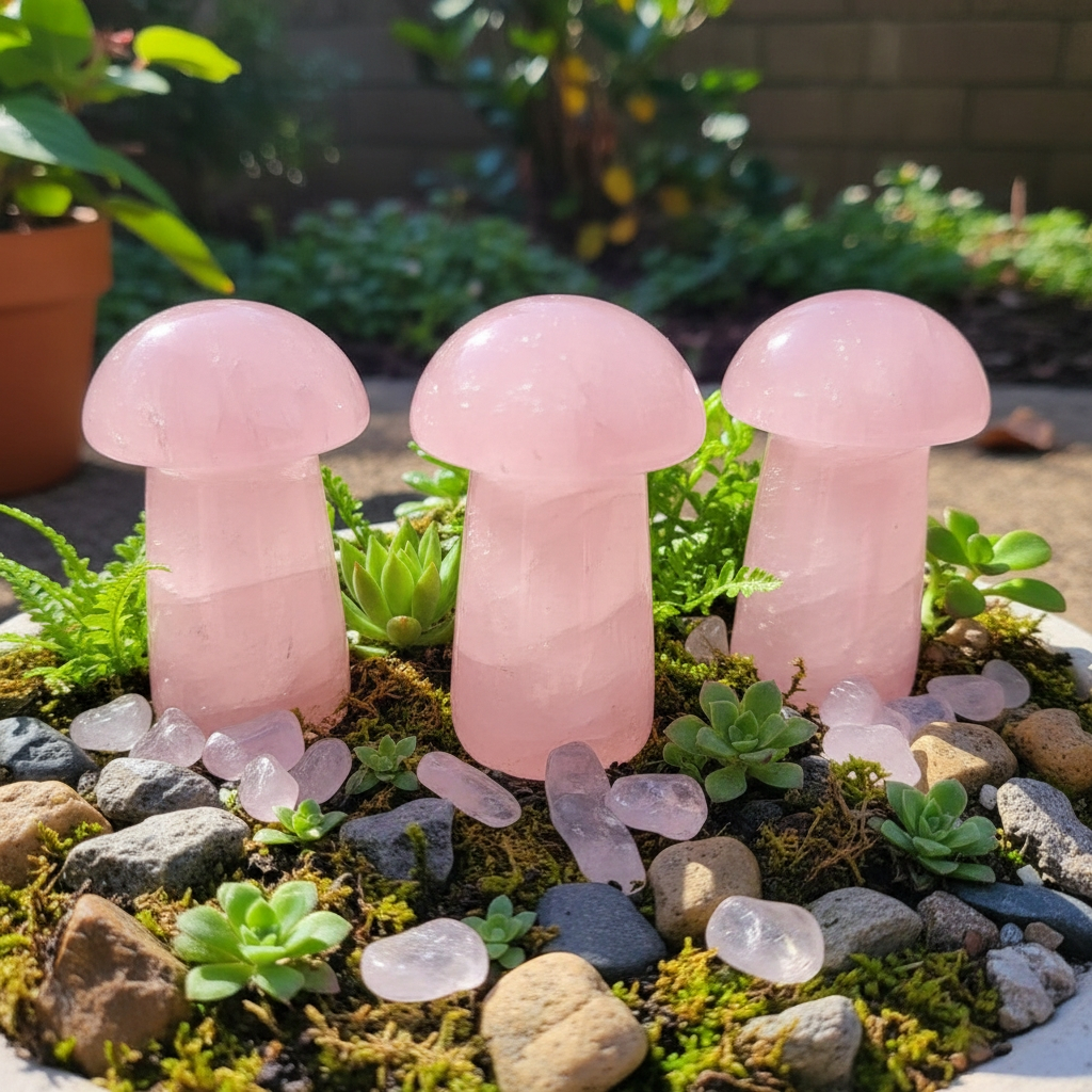 Three rose quartz mushrooms in a fairy garden of moss, succulents, pebbles and tumbled rose quartz