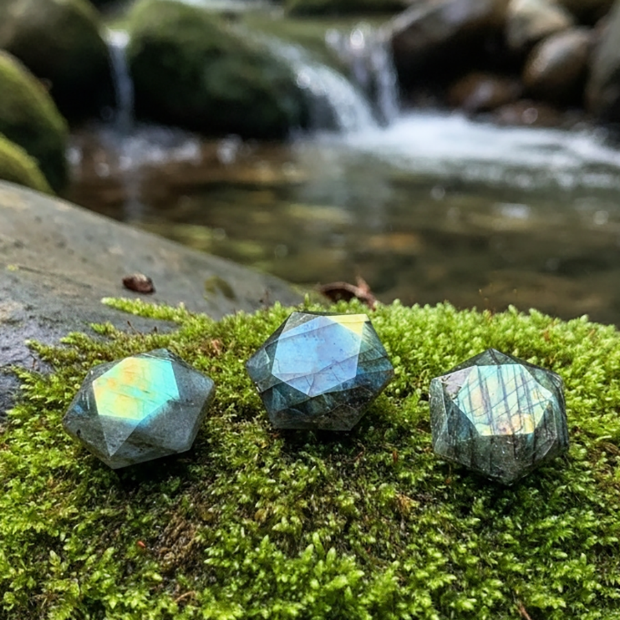 Three faceted labradorite crystals on moss, each flashing a different colour