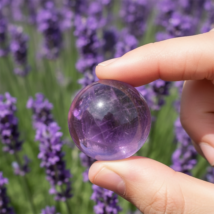 A small polished amethyst sphere held between thumb and finger in front of lavender