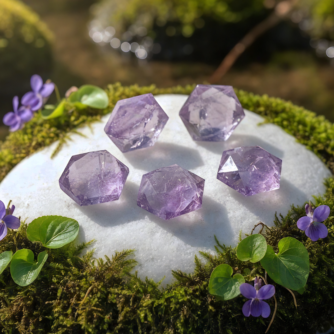 Five faceted amethyst crystals, each a slightly different shade of violet, arranged on a white stone ringed with moss and violets