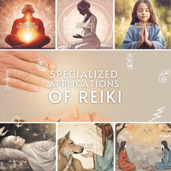 Module collage titled Specialized Applications of Reiki, with tiles on emergencies, pregnancy, children, animals and plants
