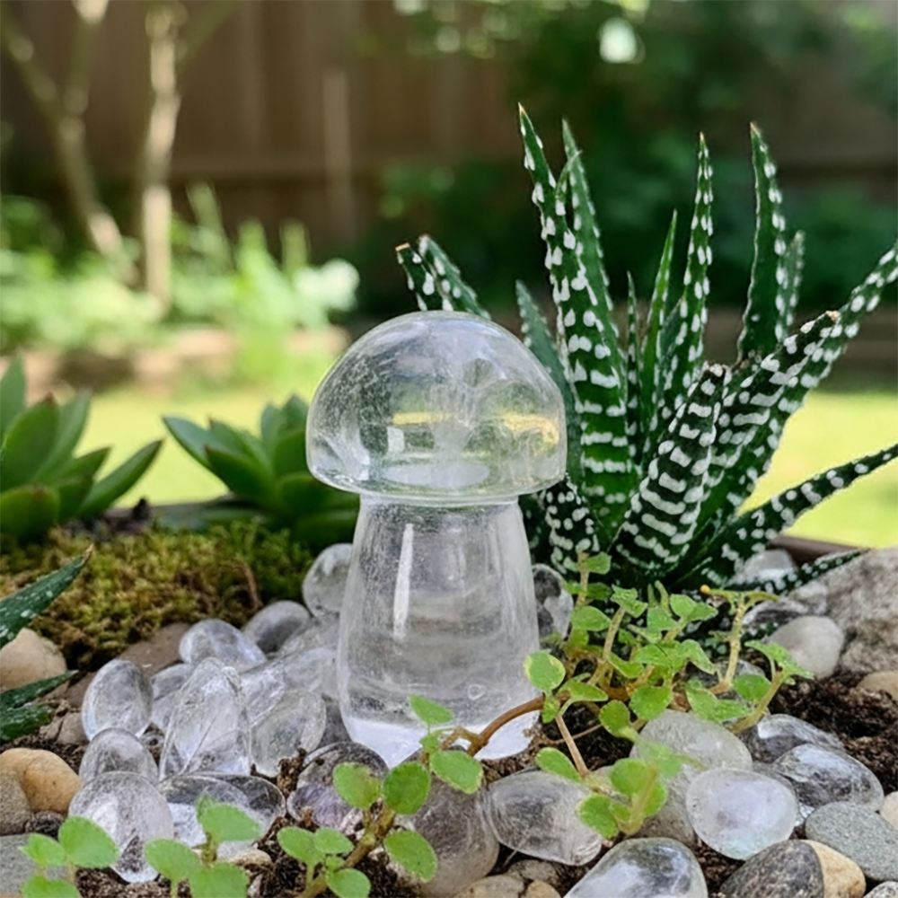 A clear quartz mushroom standing among succulents, moss and tumbled quartz in a garden bed