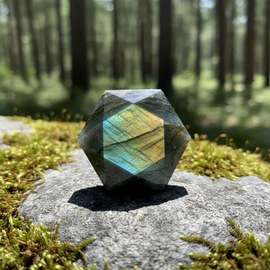A hexagonal faceted labradorite crystal flashing blue, green and gold on a mossy stone