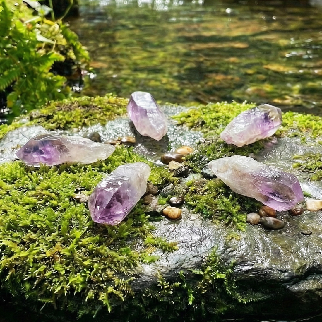 Five raw amethyst shards arranged in a circle on a mossy stone by a stream