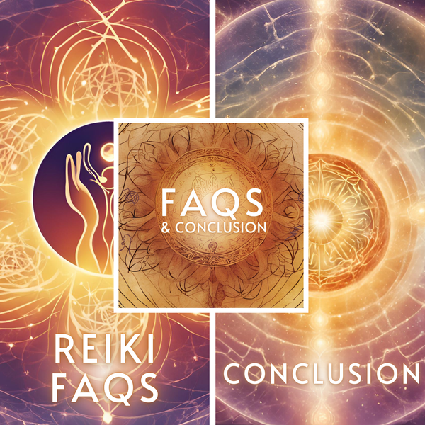 Module collage titled FAQs and Conclusion, with tiles for Reiki FAQs and the conclusion