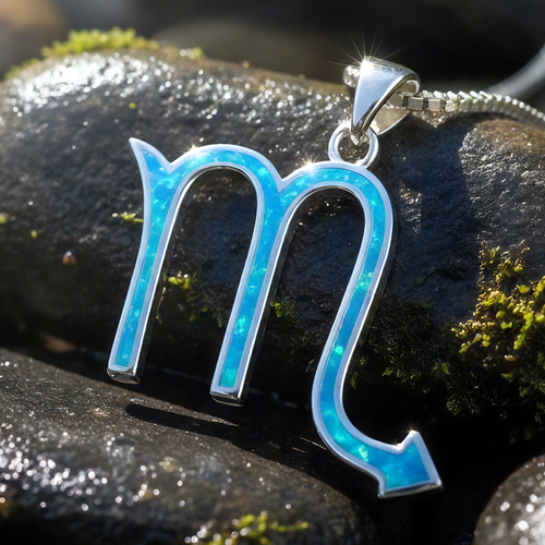 Close-up of the Scorpio glyph pendant inlaid with blue opal in a sterling silver setting, its arrowed tail resting on dark stone