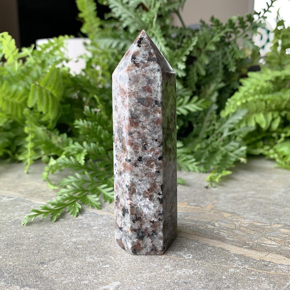 Yooperlite point in daylight, speckled grey, rust and black, standing upright on a stone ledge in front of ferns