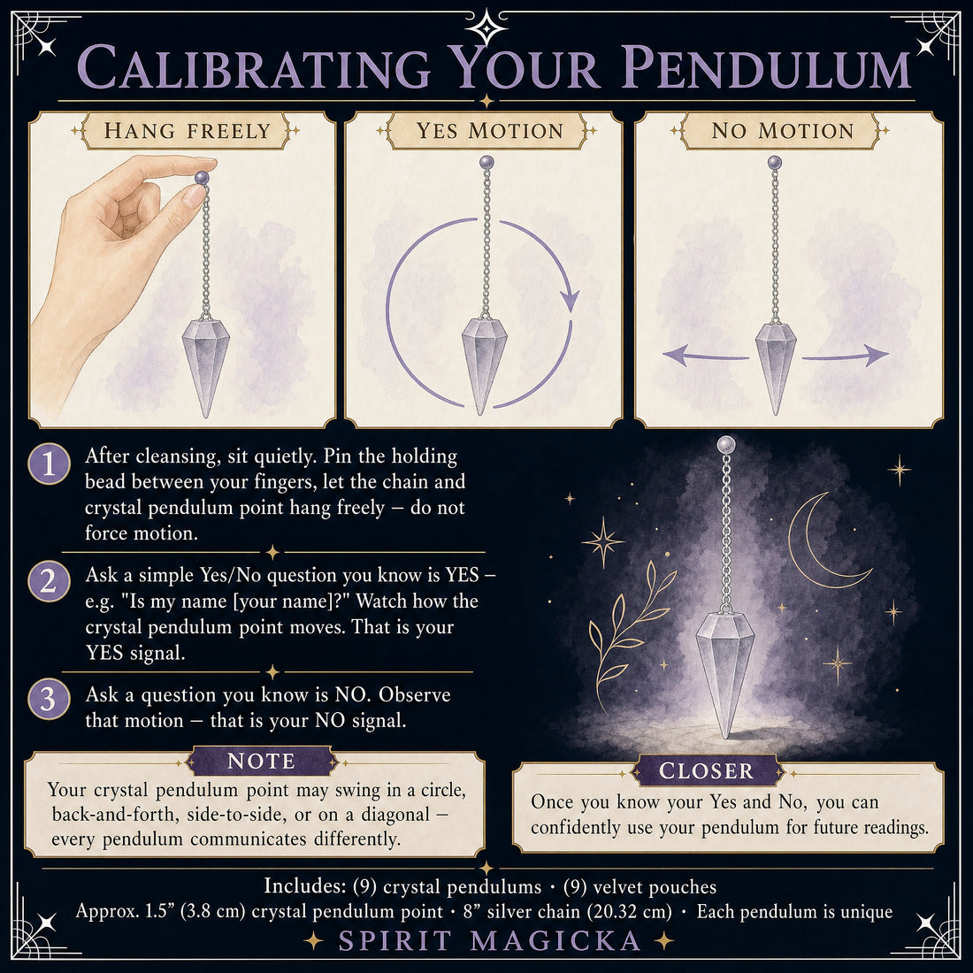 Illustrated guide: a hand holding a pendulum by its bead, then the circling yes motion and side-to-side no motion