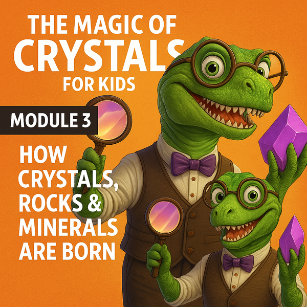 Module 3 cover: Professor T-Rex in glasses and a bow tie holding a crystal, titled How Crystals, Rocks and Minerals Are Born