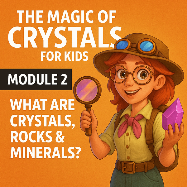 Module 2 cover: Professor Petra Stone with a magnifying glass and crystal, titled What Are Crystals, Rocks and Minerals