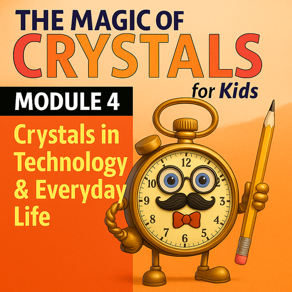 Module 4 cover: Professor Tock, a pocket watch with a mustache holding a pencil, titled Crystals in Technology and Everyday Life