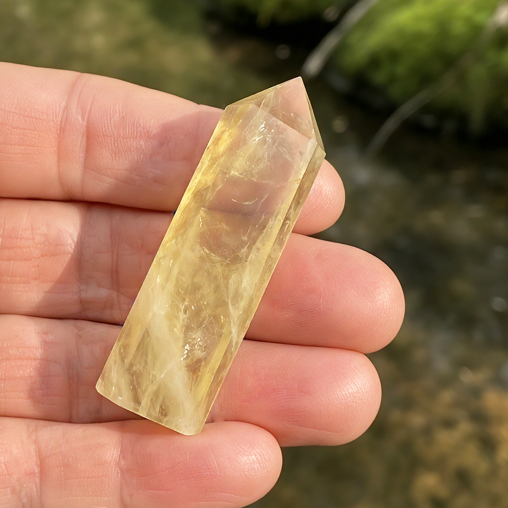 A golden citrine mini crystal point resting across the fingers of an open hand