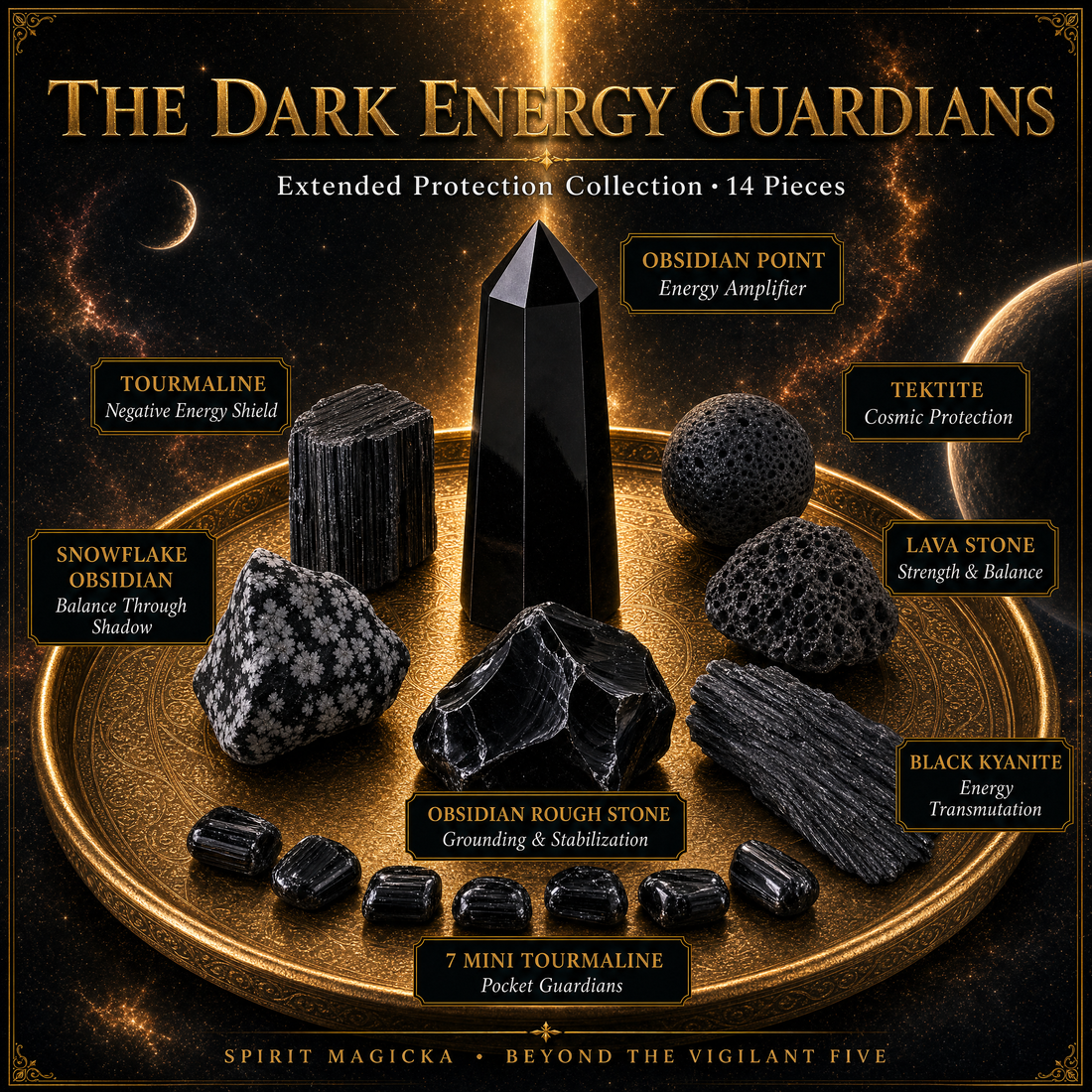 All fourteen stones of the Dark Energy Guardians set arranged on a gold tray, with the obsidian point at the center and seven mini black tourmalines in front