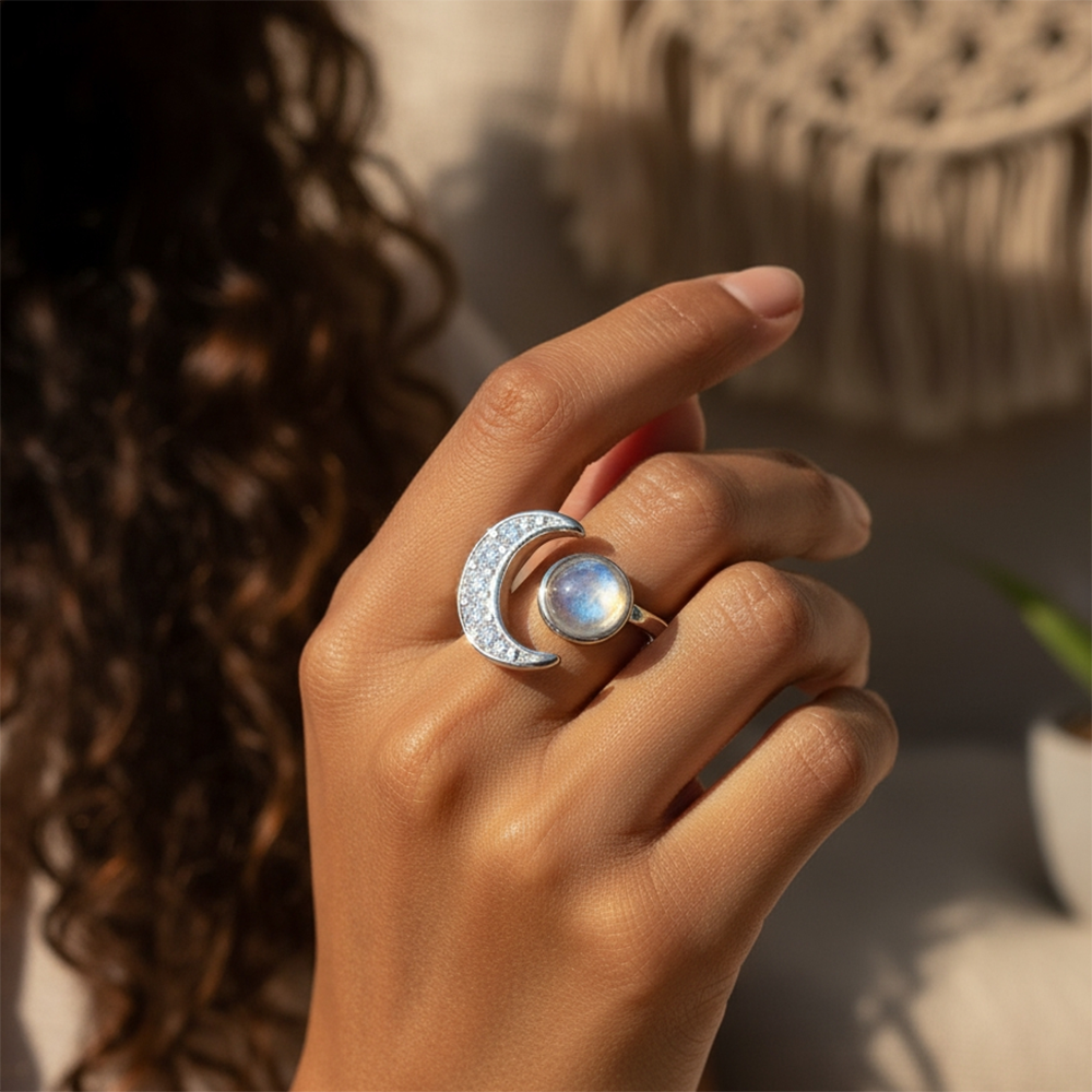 The lunar ring worn on the index finger, its crescent and moonstone sitting across the finger