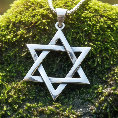 Close-up of the interlaced sterling silver Star of David pendant resting on moss