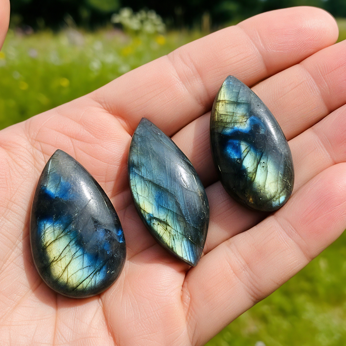 Three polished labradorite cabochons flashing blue and gold in an open palm