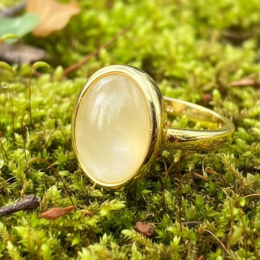 Close-up of the oval moonstone in a smooth gold bezel on a gold band, resting on moss