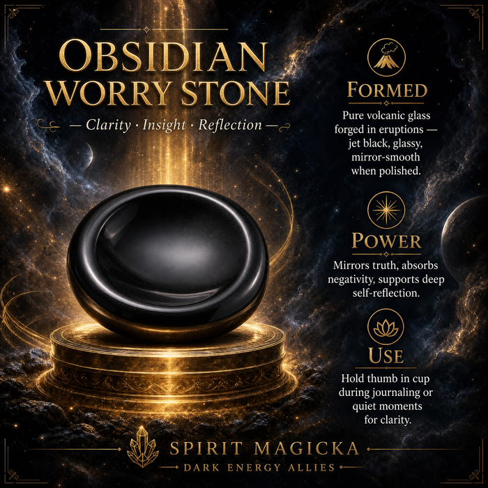 Oval jet-black obsidian worry stone with a glossy thumb hollow