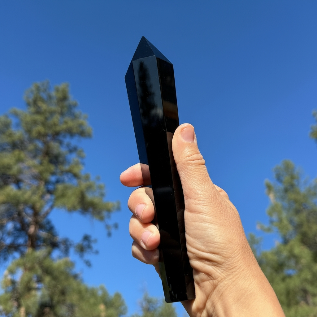 A long, glossy black obsidian generator point held upright in one hand against a blue sky