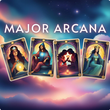 Four illustrated Major Arcana cards floating in pink clouds