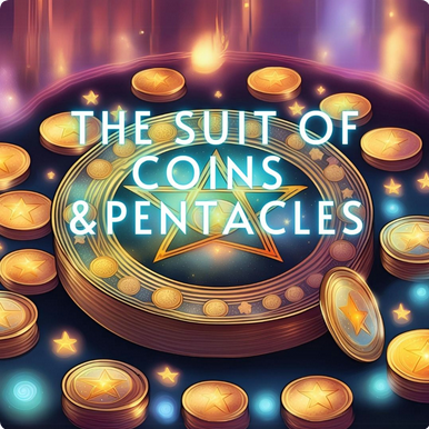 Glowing gold coins around a pentacle, titled The Suit of Coins and Pentacles