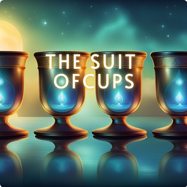 A row of glowing chalices on still water, titled The Suit of Cups