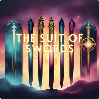 Ornate swords standing in a row of light, titled The Suit of Swords