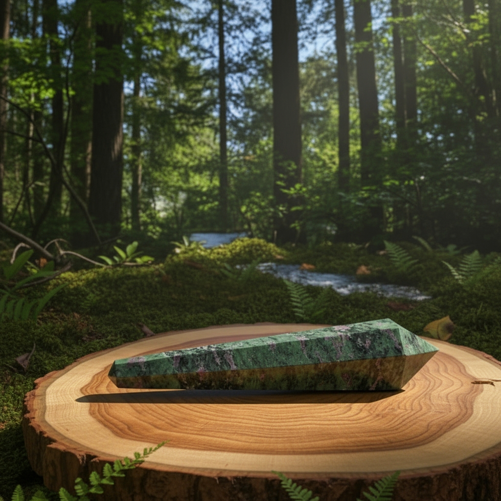 The ruby in zoisite generator lying on a wooden round in a forest, showing its long faceted body and tapered point