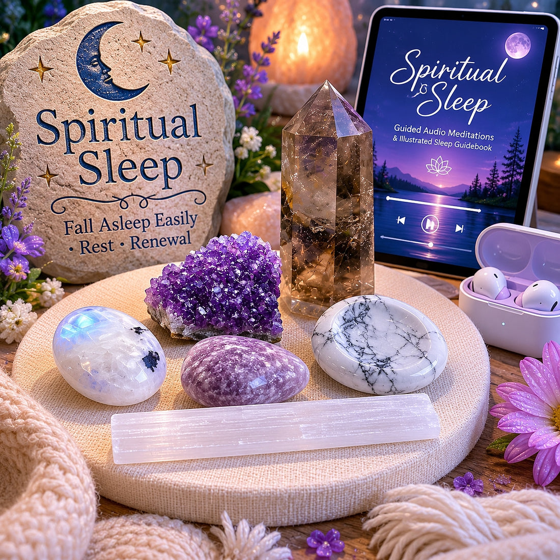 The Spiritual Sleep collection on a cream platform: amethyst cluster, smoky quartz point, moonstone, lepidolite, howlite and a selenite stick, with the sleep guide shown on a tablet